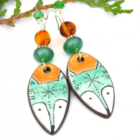 handmade fox head earrings ceramic lampwork amber crystals hand painted
