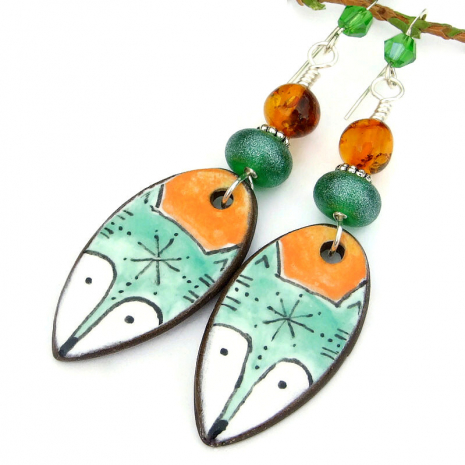handmade fox head jewelry ceramic lampwork amber crystals hand painted