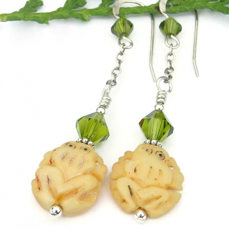 handmade frog earrings carved bone frogs swarovski crystals