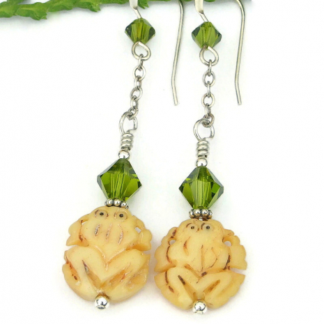 handmade frog frogs earrings hand carved bone swarovski crystals jewelry gift