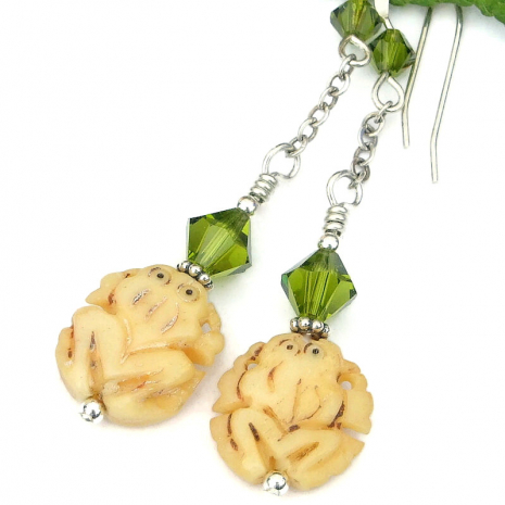 handmade frog jewelry hand carved bone swarovski crystals earrings gift