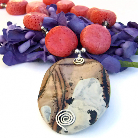 handmade gemstone jewelry gift for her paintbrush jasper coral swarovski crystal