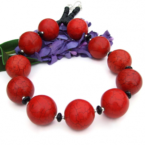 handmade gemstone necklace red magnesite black onyx