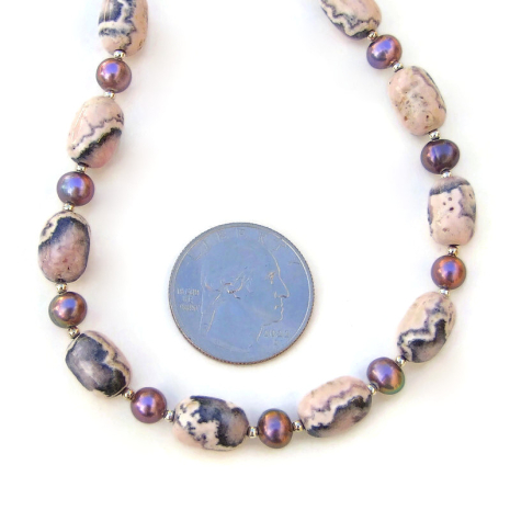 handmade gemstone necklace rhodochrosite pink gray handmade