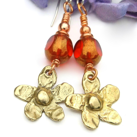 handmade gold bronze flower earrings orange czech glass floral