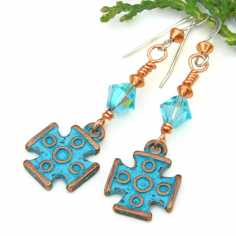handmade greek cross earrings religious turquoise crystals jewelry