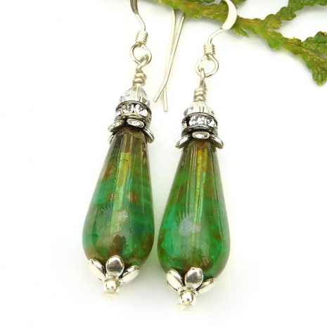 handmade green teardrop jewelry czech glass swarovski crystals