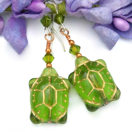 handmade green turtle earrings czech glass swarovski crystals