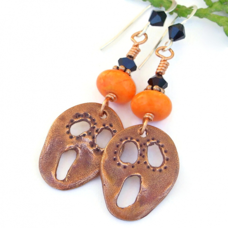 handmade hallloween scream earrings orange magnesite black swarovski crystals