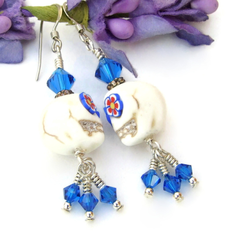 handmade halloween day of the dead flower skull earrings crystals