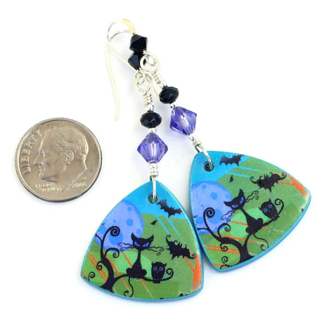 handmade halloween earrings black cat bats owl lightweight onyx swarovski crysta