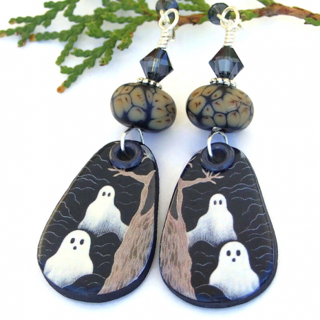 handmade halloween ghost earrings ceramic black white brown lampwork crystals