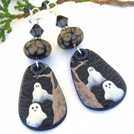 handmade halloween ghost jewelry ceramic black white brown lampwork crystals