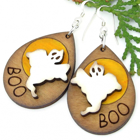 handmade halloween ghost moon earrings lightweight wooden holiday jewelry