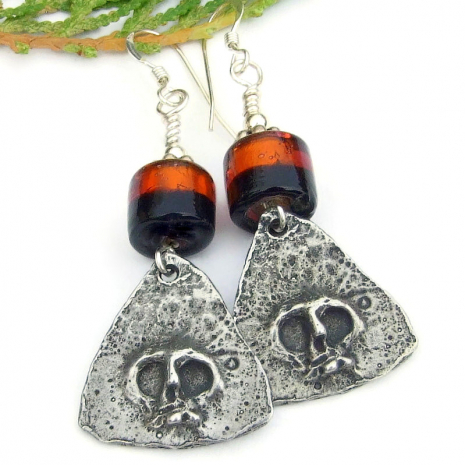 handmade halloween goth skull earrings spooky orange black