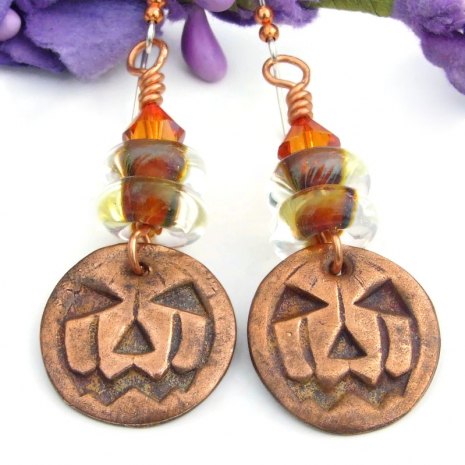 handmade halloween jack o lantern pumpkin earrings copper glass crystals
