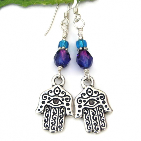 handmade hamsa hand earrings protection evil eye silver purple aqua