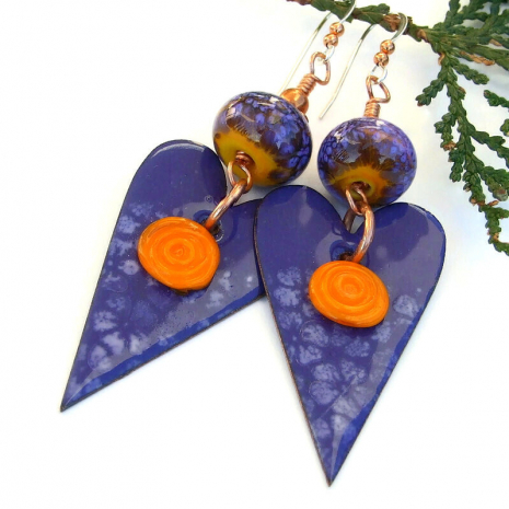 handmade hearts earrings purple orange valentines day