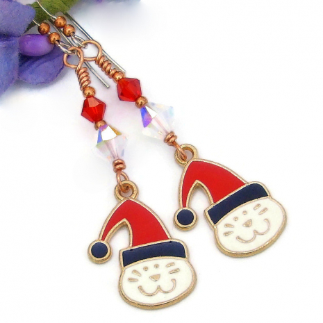 handmade holiday cat lover christmas earrings cats kitties swarovski