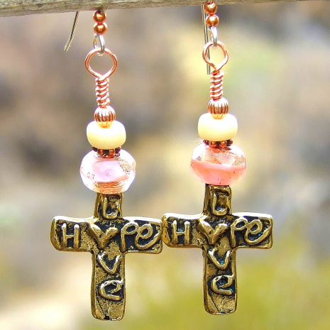 handmade hope love hearts cross earrings gold bronze pink