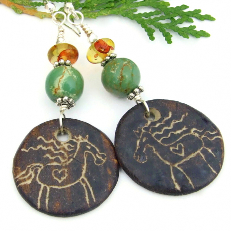 handmade horse lover sgraffito earrings turquoise amber gemstones ceramic