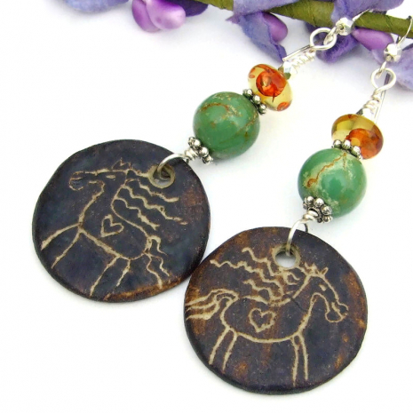 handmade horse lover sgraffito jewelry turquoise amber gemstones ceramic