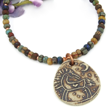 handmade horse moon heart pendant necklace earthy czech glass beads