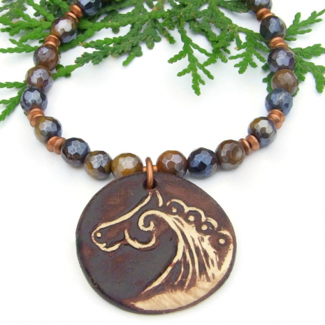 handmade horse spiral ceramic pendant necklace tigers eye titanium copper