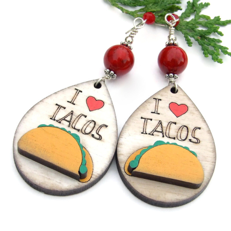 handmade i love tacos earrings hearts wood lightweight red fossil coral