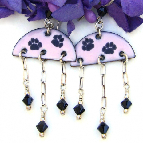 handmade jewelry paw print half circle pink black enamel