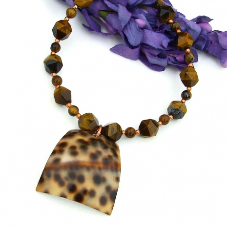 handmade jewelry spotted tiger cowrie shell golden tigers eye