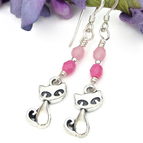 handmade kitty earrings cat lover pink silver
