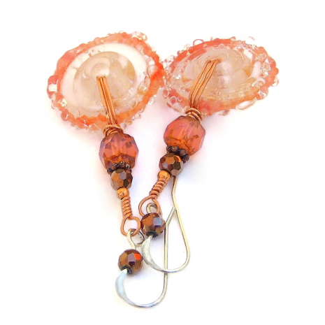 handmade lampwork disc glass wheel jewelry peach copper