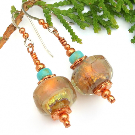 handmade lampwork earrings golden opal turquoise copper
