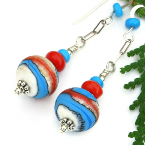 handmade lampwork earrings red coral turquoise magnesite southwest