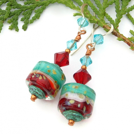 handmade lampwork earrings red turquoise white