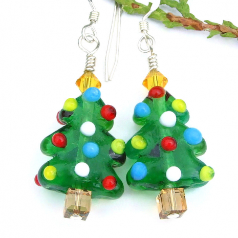 handmade lampwork glass christmas tree earrings ornaments swarovski crystals