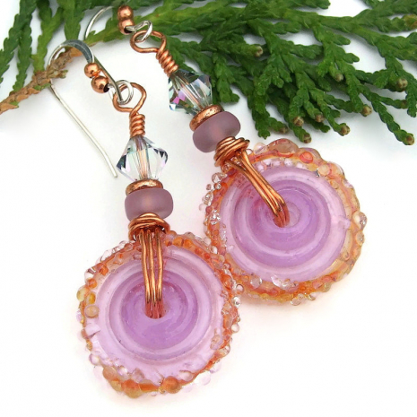 handmade lampwork glass earrings lavender brown copper