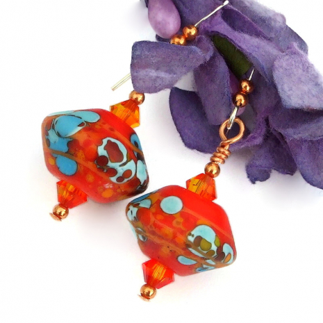 handmade lampwork glass earrings orange sky blue crystals