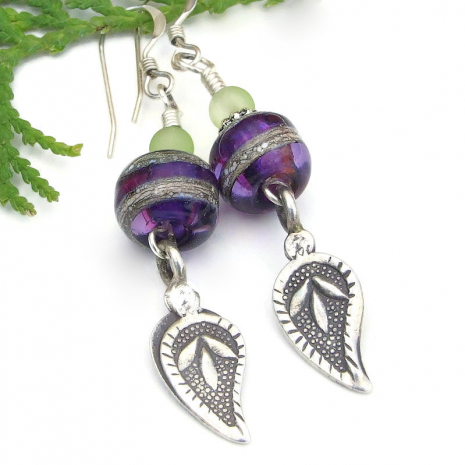 handmade leaf charm earrings Thai Hill Tribe fine silver purple lampwork
