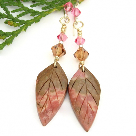 handmade leaf leaves gemstone earrings rhodonite swarovski crystals