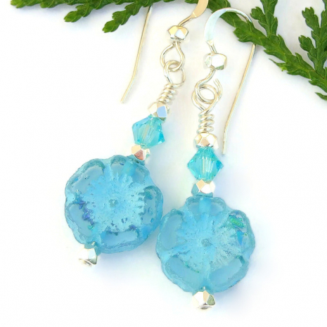 handmade light blue flower pansy earrings Swarovski crystals sterling silver