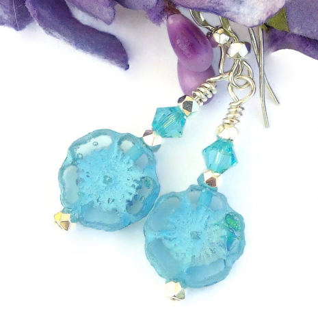 handmade light blue flower pansy jewelry Swarovski crystals sterling silver