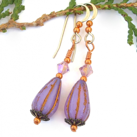 handmade lilac lavender teardrop earrings swarovski crystals copper