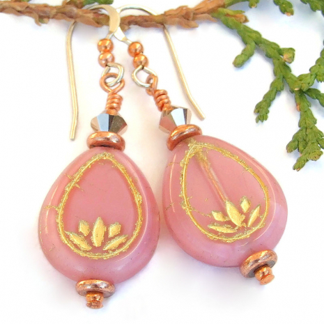 handmade lotus earrings pink bronze yoga jewelry