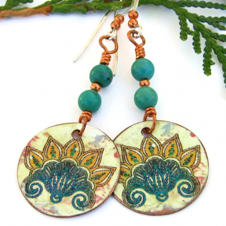 handmade lotus earrings real turquoise copper