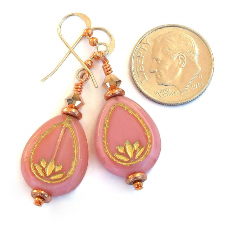 handmade lotus jewelry pink bronze yoga earrings
