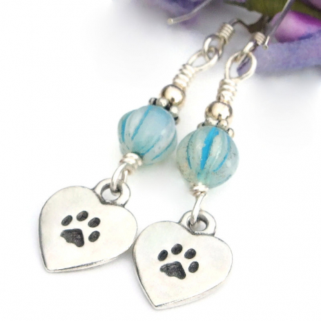 handmade love my cat paw prints hearts earrings silver aqua glass