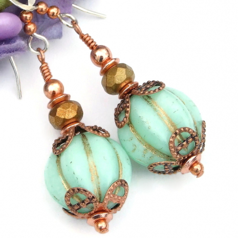 handmade mint green melon earrings vintage look Czech glass copper