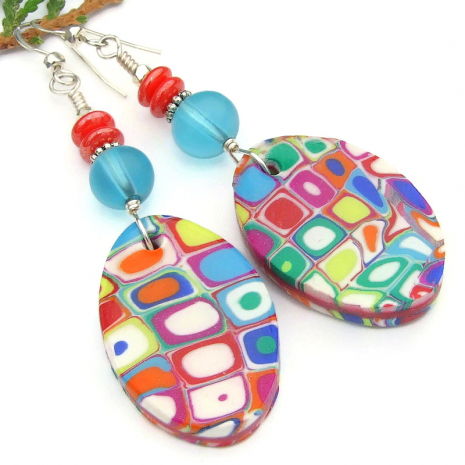 handmade mokume gane colorful earrings Czech glass jewelry gift for women